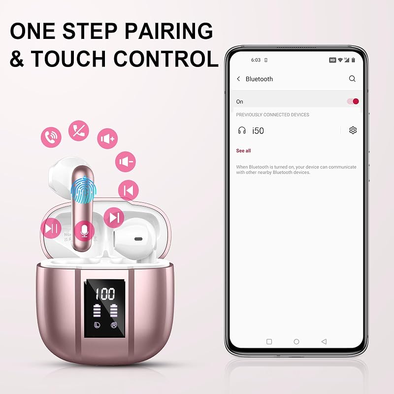 Căști wireless in-ear Nerunsa Bluetooth 5.4, HiFi stereo, cu microfon pentru anularea zgomotului ENC, rezistență la apă IP7, USB-C, 50 de ore autonomie
