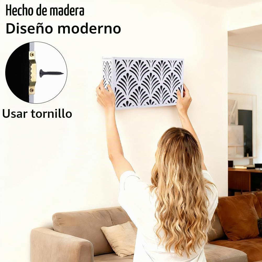 Cubierta de Timbre de Puerta Blanca con Patrón Abstracto En Forma de Abanico Caja Decorativa Rectangular de Madera Fácil de Instalar Caja de Cubierta de Timbre para Montar En la Pared para