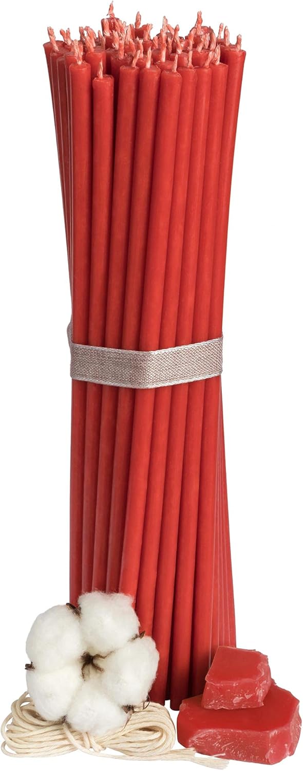 Church Beeswax Candles - 50 pcs. I Ritual Candles L-10.43 in, Ø-0.28 in I 120 min Burning time of red Color I of Thin drip- and smokeless Candles