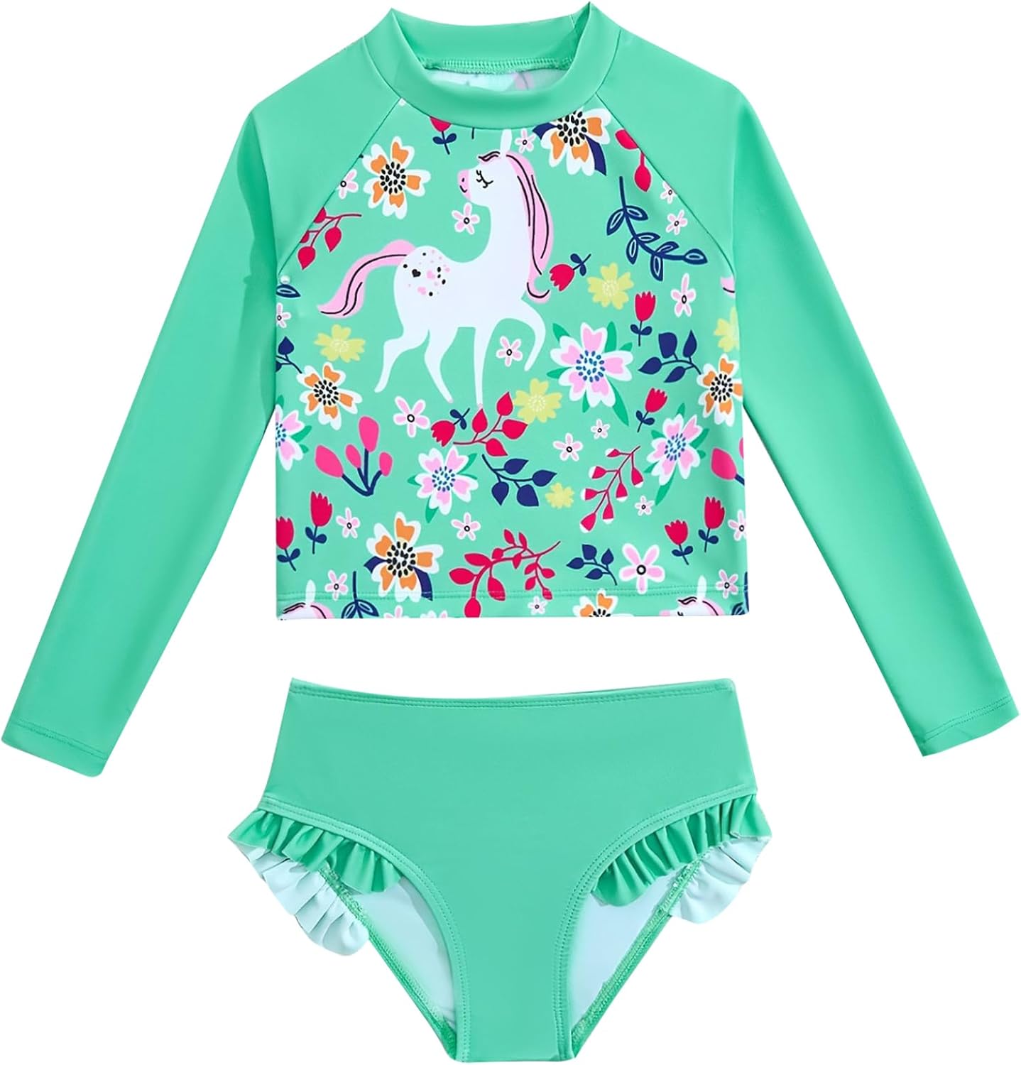 TTAO Girls Floral 2 Pieces Rash Guard Sets UPF 50+ Swim Shirts with Ruffles Brief Beach Swimsuits