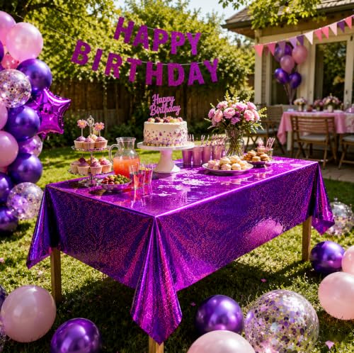 Image of OHOME 2 Pack Laser Pink and Purple Tablecloth - Birthday Party Decorations | Purple Party Decor for K-Style Demon Music Theme Birthday | Iridescent Party Decorations for Bridal Wedding Halloween