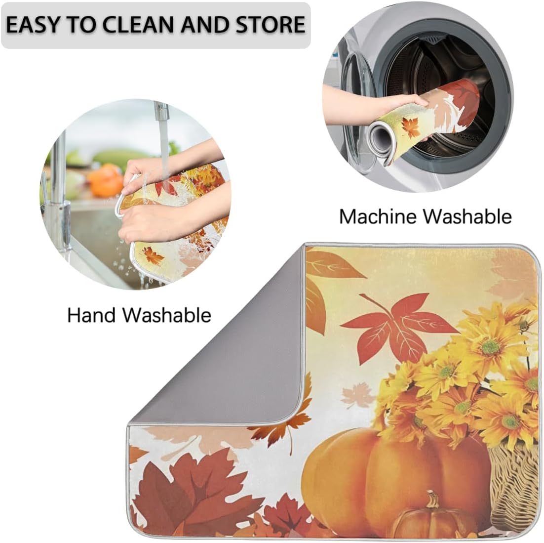 Sunflower Pumpkin Fall Dish Drying Mat for Kitchen Counter Thanksgiving Maple Leaves Autumn Absorbent Drying Pad Countertop Dishes Drainer Mats Washable Coffee Bar Mats 18x24 Inch