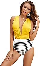 ZOMONETI Vintage One Piece Bathing Suits High Waisted Swimsuits Plunging Neckline Backless Swimwear for Women (Yellow)