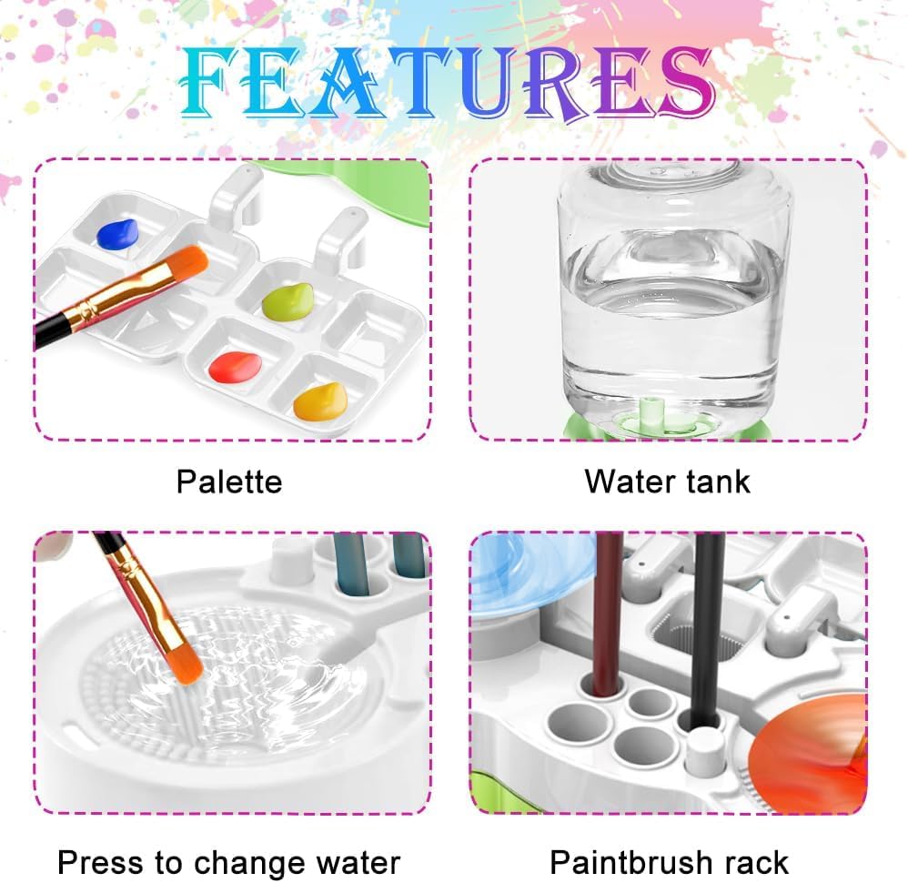Image of Parssufy Paint Brush Cleaner with Paint Tray, 6-in-1 Water Circulation Rinser Paintbrush Cleaner with Drain & Brush Holder, Watercolor Dispenser & Paint Palette, Paint Brush Washer (White)