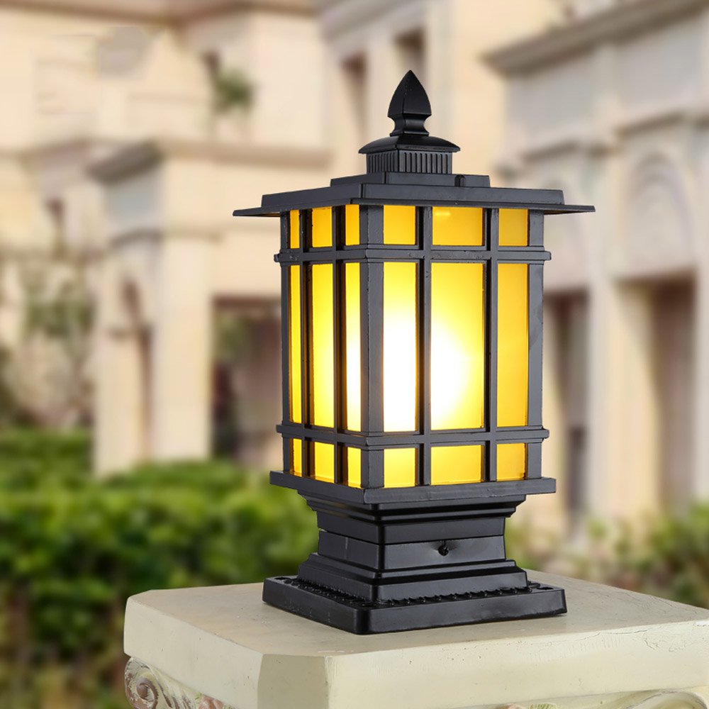 Lampy słupkowe OutdoorSquare Zewnętrzne latarnie słupkowe Europejskie szklane wodoodporne światła IP55 E27 Dekoracja do pawilonu werandowego Patio Krajobraz,Czarny-wysokość 35 cm