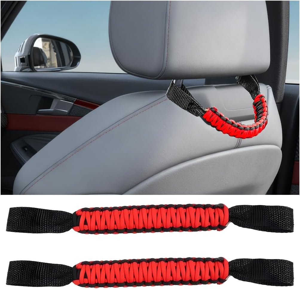 2PCS Car Headrest Grab Handle, Heavy Duty Rear Seat Back Mount Roll Bar Grip Handle Kit, Auto Seatback Paracord Passenger Grab Set, Compatible with Wrangler YJ TJ JK JKU JL JLU (Black/Red)