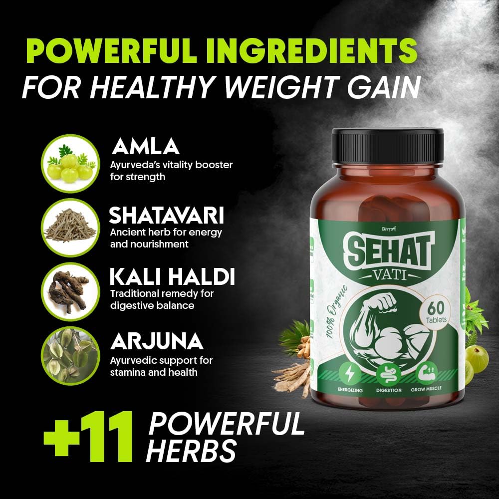 "Sehat Vati – Ayurvedic Weight Gain Tablets | Increase Metabolism & Energy Booster | 100% Ayurvedic Formula for Healthy Weight Gain | Pack of 60 Tablets" — Amazon image 2