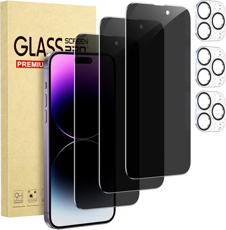 Paquete de 3 protectores de pantalla de privacidad para iPhone 14 Pro Max+3 protectores de lente de cámara con vidrio templado, sensible al tacto y compatible con fundas