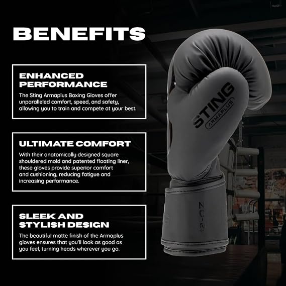 STING Armaplus Boxing Gloves, Matte-Finished High-Tech Gloves for Boxing, MMA, Muay Thai, and More, Shock-Absorbent Boxing Gloves for Men and Women, Boxing Equipment, Black, 14 Oz.