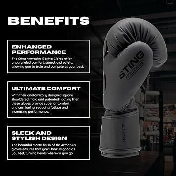 STING Armaplus Boxing Gloves, Matte-Finished High-Tech Gloves for Boxing, MMA, Muay Thai, and More, Shock-Absorbent Boxing Gloves for Men and Women, Boxing Equipment, Black, 14 Oz.