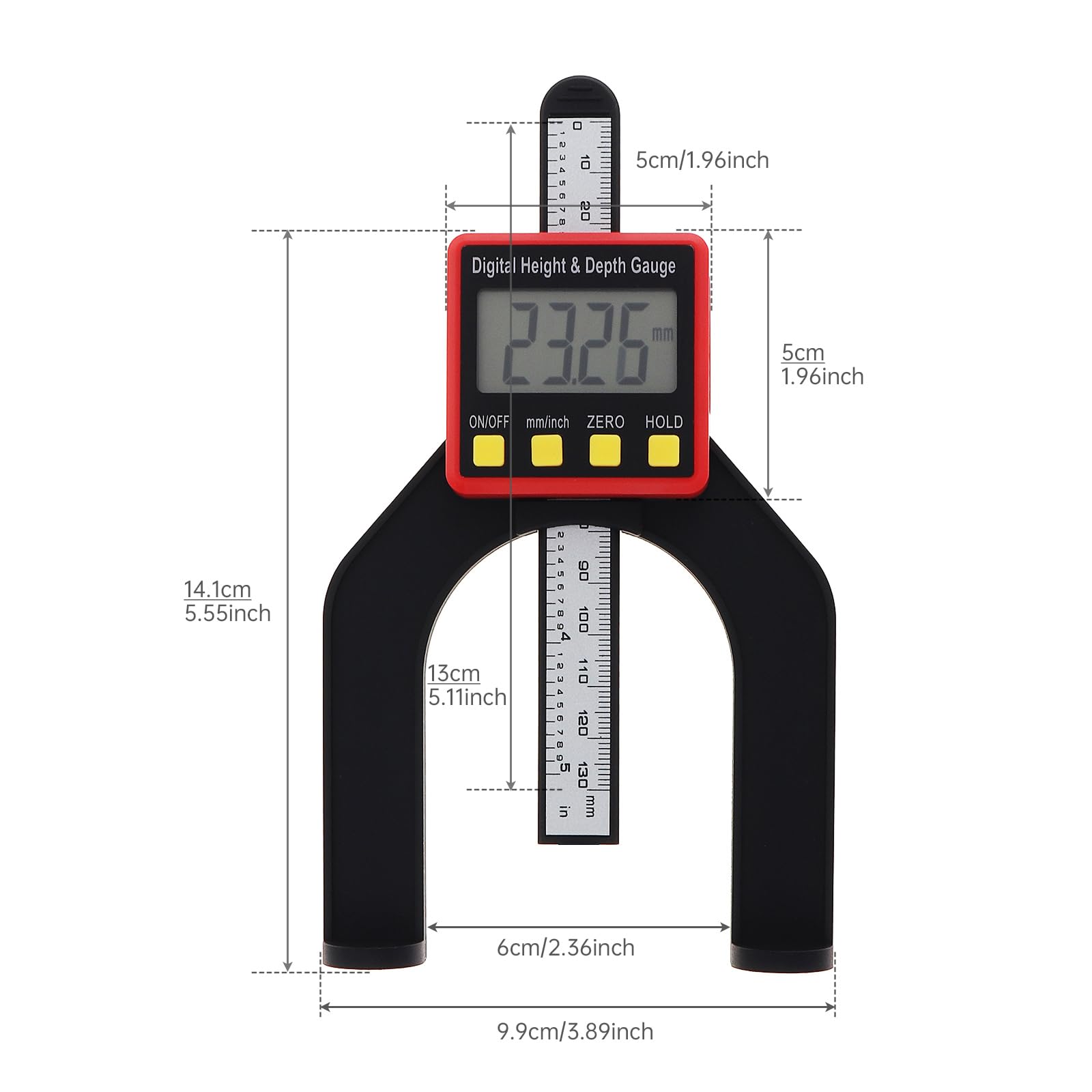 Digitales Tiefenmesser, Höhenmesser, LCD-Display, Messlineal für Oberfräse, Tischsäge, Tischdickenmessgerät mit magnetischem Selbststehend, für Holzbearbeitung, Heimdekoration (rot)