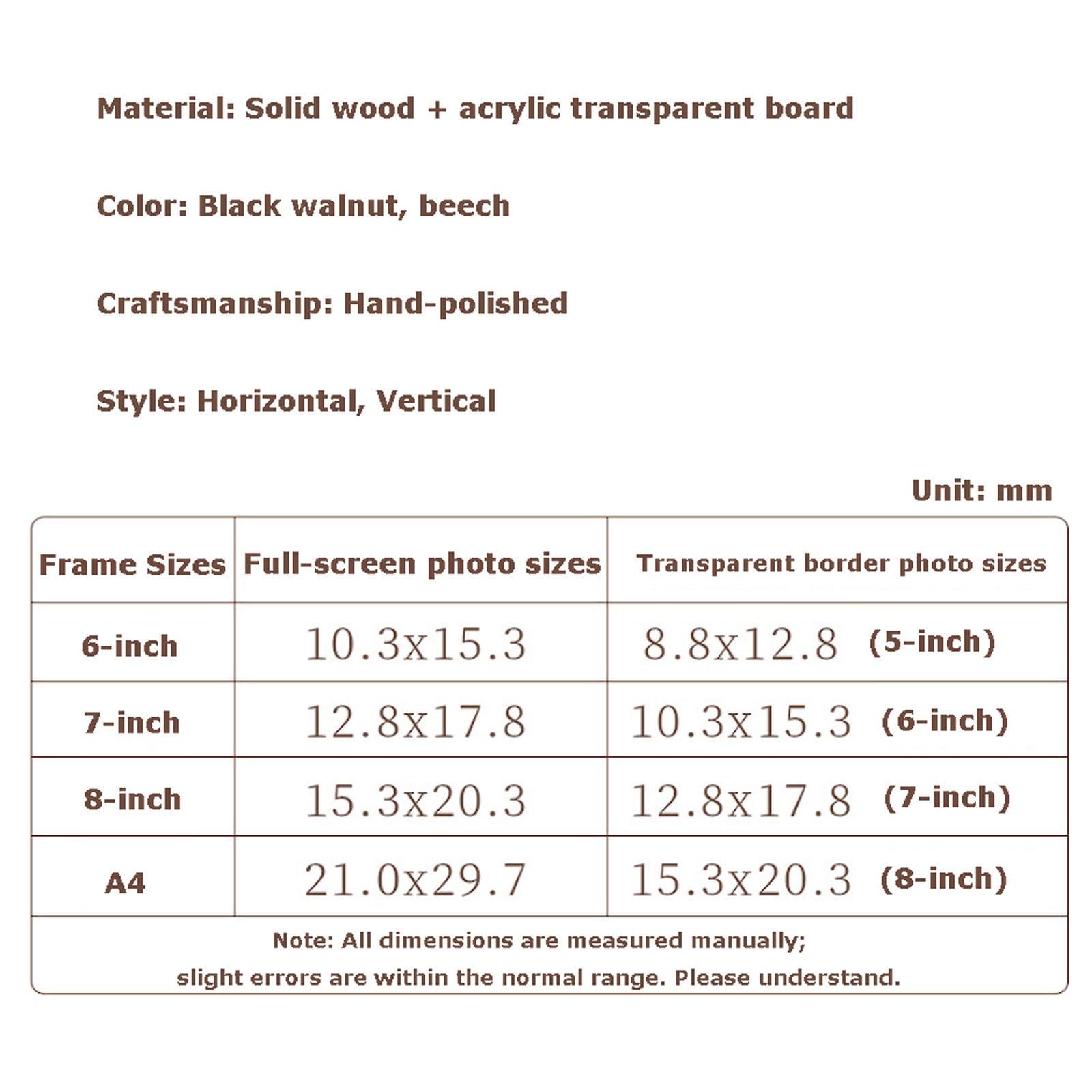 Ramka na zdjęcia ślubne Dwustronny przezroczysty album stołowy z litego drewna do A4 6 "7" 8 "(Walnut 1,A4)