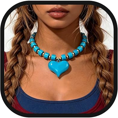 Bounzhi Statement Chunky Heart Pendant Necklace for Women Boho Resin Beaded Choker Jewelry Gift