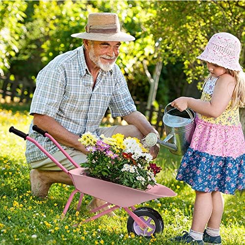 Hortem Kids Wheelbarrow Set Metal, 5PCS Construction Kids Wheel Barrel and Kids Garden Tools,Kids Gardening Glove, Gifts for Kids (Pink)