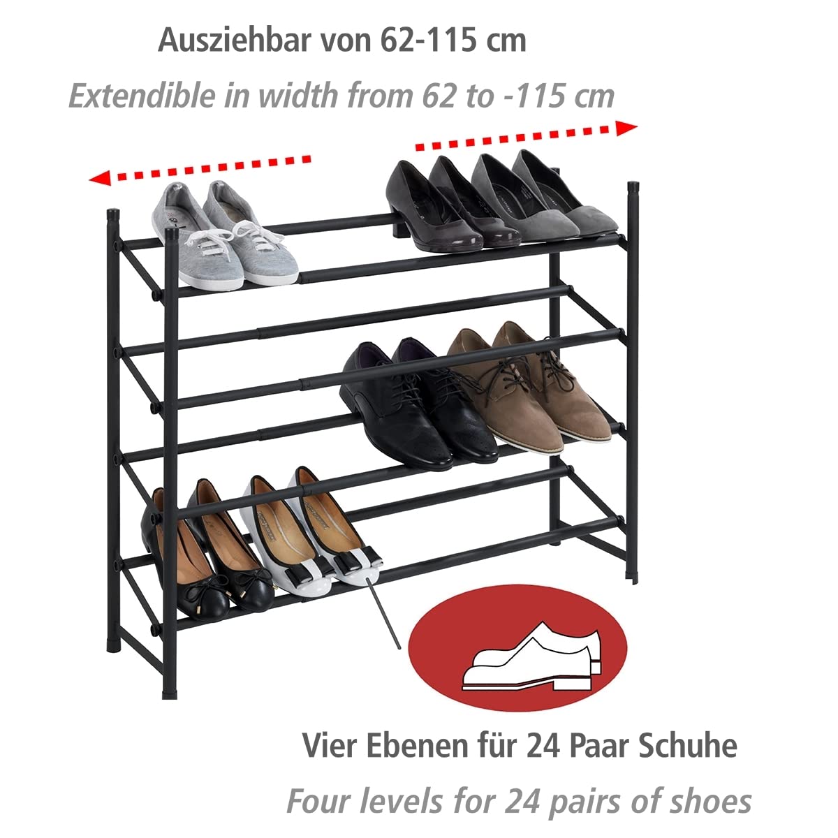 WENKO Zapatero «Hero» extensible, para 24 pares, apilable, también para el armario ropero transitable, 62-115 x 68 x 23 cm, de metal recubierto de polvo con superficie antideslizante en negro mate