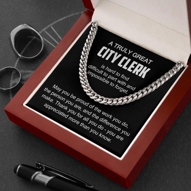 City Clerk Necklace Cuban Chain Silver - Hard To Find Difficult To - Appreciation Retirement Coworker Office Workplace Thank You