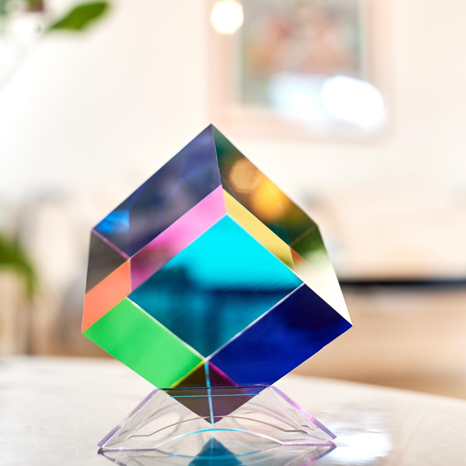 Cubo de color CMY de 6 cm con soporte y prisma de cristal para mezcla de colores sustractivos