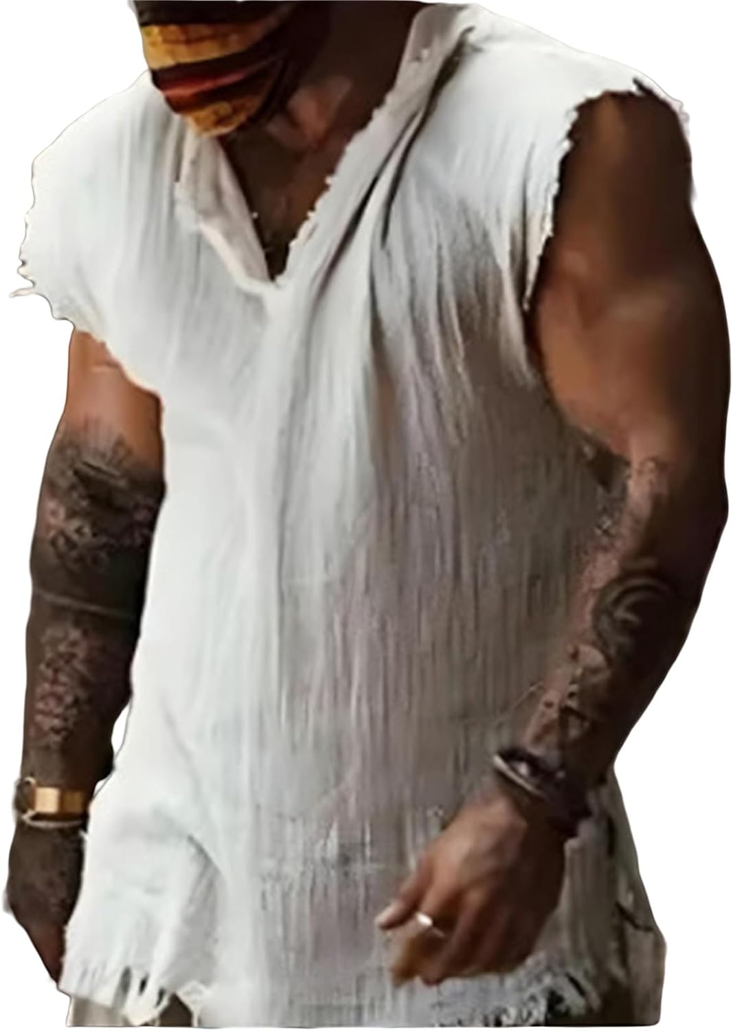 Tank Tops Men Summer Linen Tank Top Distressed V-Neck Sleeveless Workout T Shirts Gym Muscle T-Shirt with Frayed Hem