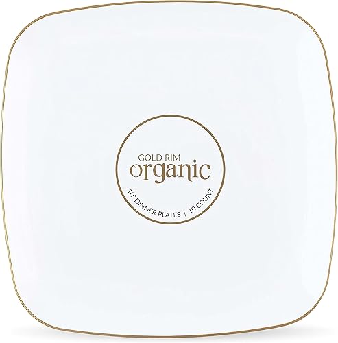 Miniatura 4 de Blue Sky Platos desechables blancos orgánicos de 10 pulgadas cuadrados (10 unidades)  Vajilla de plástico con borde dorado para fiestas