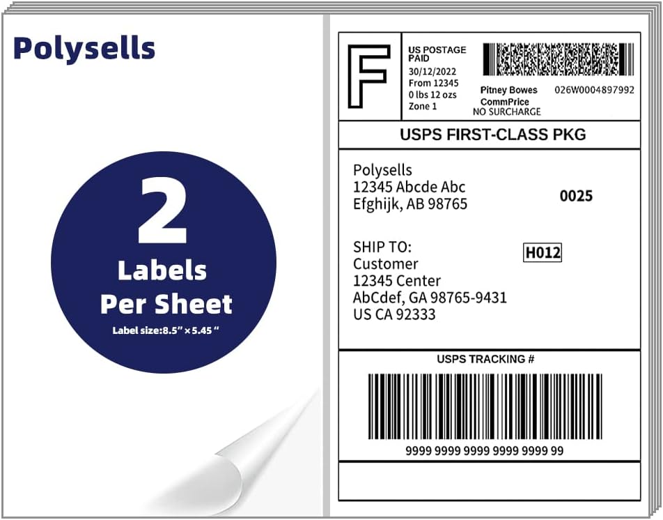 POLYSELLS Half Sheet Shipping Labels with Self Adhesive for Laser & Inkjet Printers, 2 Printing Labels Per Sheet, White 8.5 x 5.5 Inches - 100 Sheets (200 Shipping Label Paper)
