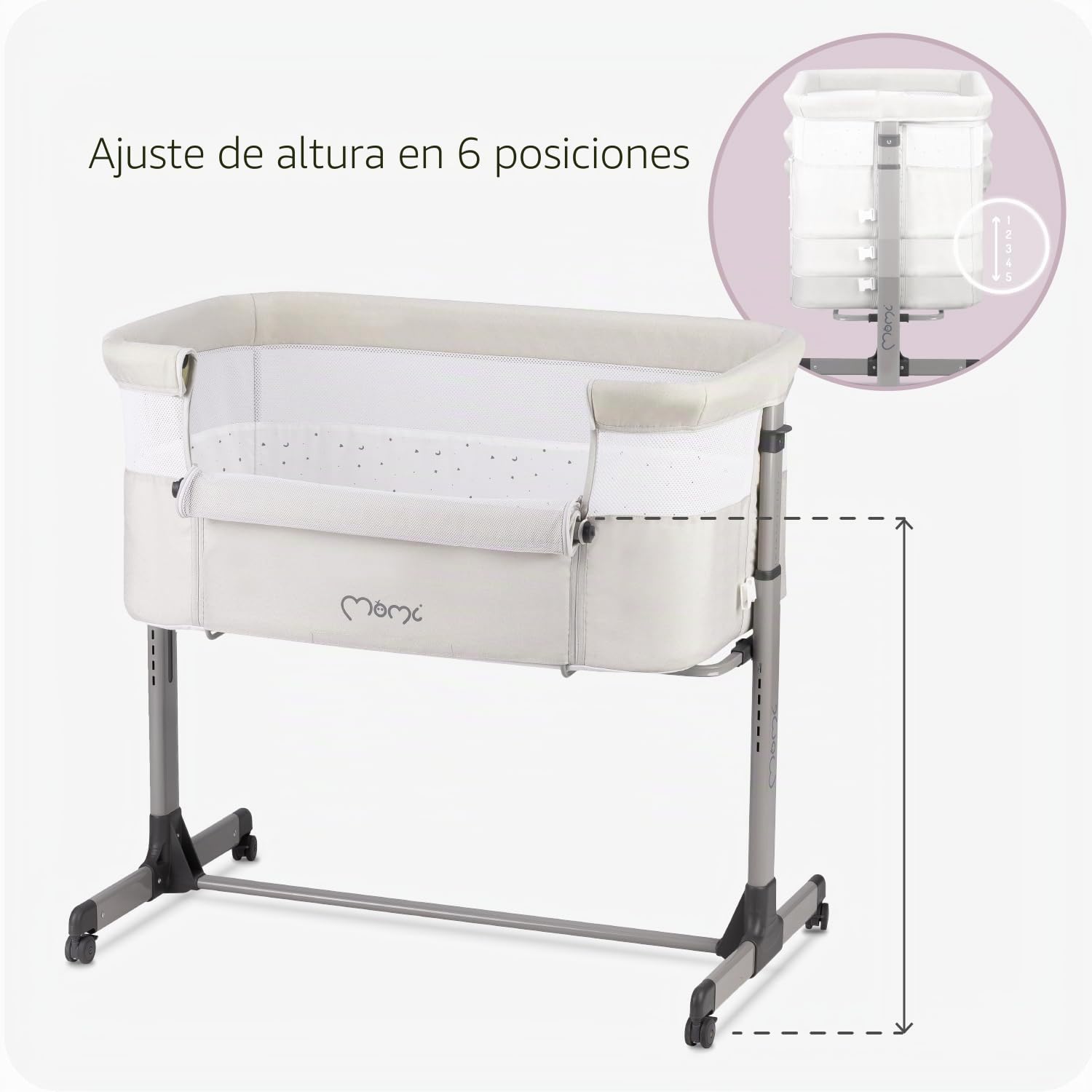 Momi REVO Cuna Multifuncional Ajustable en 6 Posiciones de Altura de 72 a 82 cm, con Ruedas, colchón Incluido, Correas de fijación, mosquitera y Barra de Juguetes