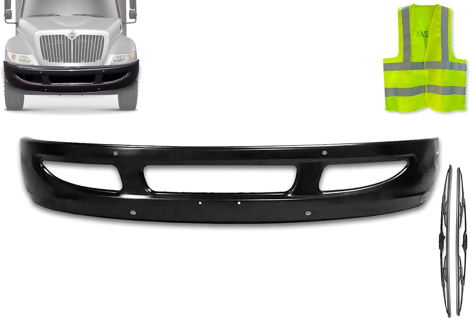 KOZAK Black Steel Bumper with Two Holes Compatible with International Durastar 2002+ - Includes Logo, 2x22" Windshield Wipers, and Reflective Vest