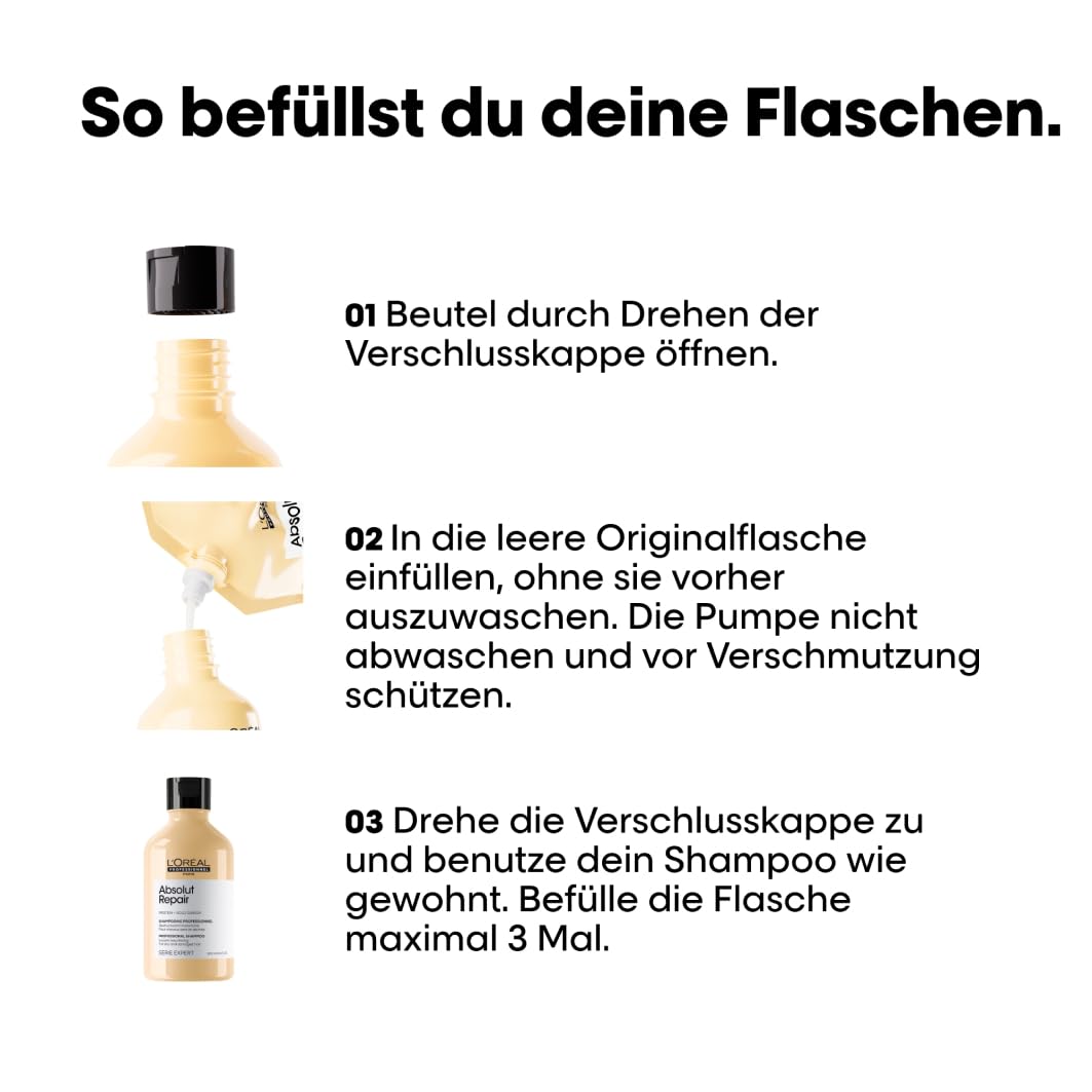 L'Oréal Professionnel Shampoo-Set für strapaziertes und trockenes Haar, Mit Quinoa, Serie Expert, Absolut Repair Shampoo 500ml & Nachfüllbeutel, Refill 500ml