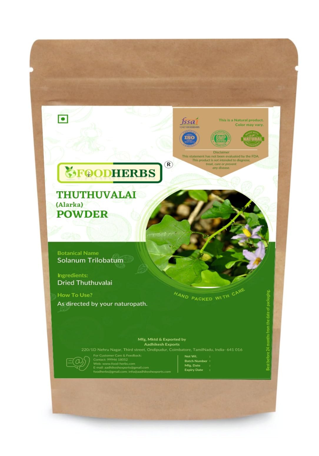 Foodherbs Thuthuvalai Powder 200 GMS | Climbing Brinjal | Alarka | Solanum Trilobatum | 100% Herbal | Natural Support for Respiratory Health, Immunity, and Cold Relief (B07BYC9GBQ) Amazon Price History, Amazon Price Tracker