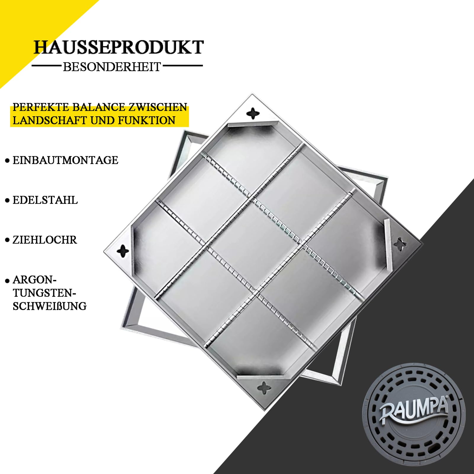 Copertura invisibile per pozzetti in acciaio inox, rettangolare, 600 x 600 cm, con telaio zincato