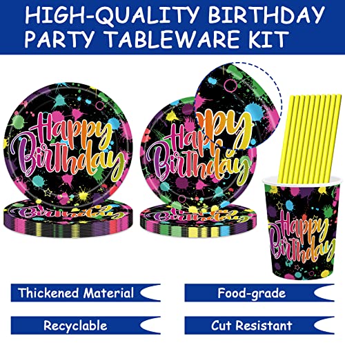 Teefity 168 Pcs Neon Glow Birthday Party Tableware Set, Party Table Decorations Supplies Include 7 Inch And 9 Inch Disposable Paper Plates, Napkins, Cups Straws And Forks Spoons For 24 Guests #TOP2
