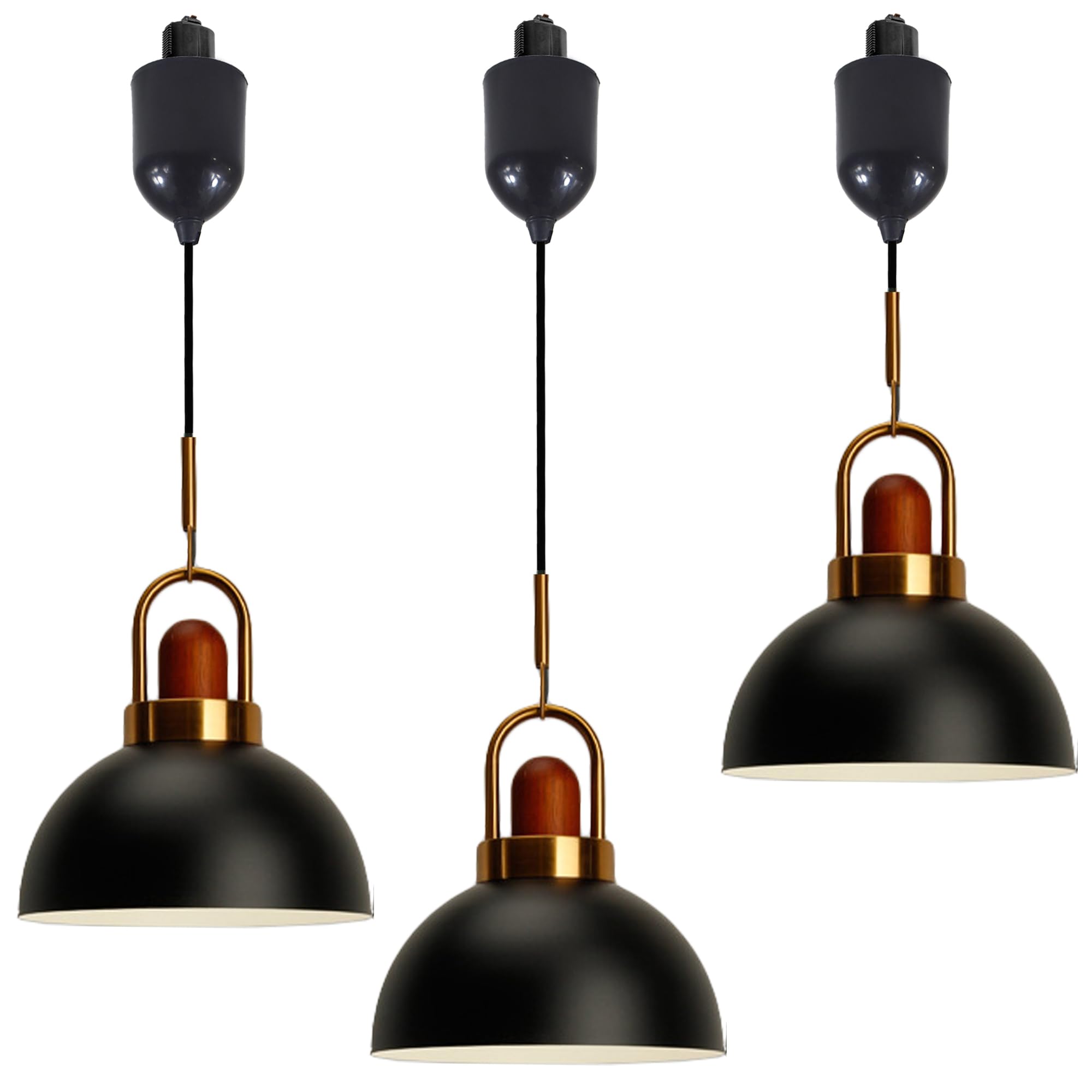 SKIVTGLAMP Wooden Iron Brass Handle Height-Adjustable Pendant Light H-Type Track Light 4 ft Cord Semicircle Macaron Black Decoratefor Instant Pendant