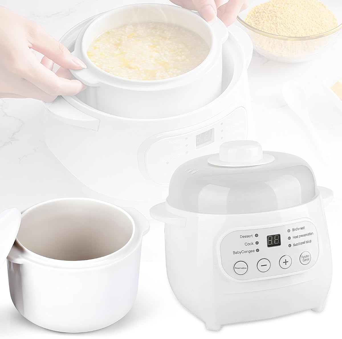 Mini Olla de Cocción Lenta Blanca de 1 L con Cesta de Vapor, Temporizador de 24 Horas y Función Automática de Mantener Caliente, Olla de Cocción Lenta Eléctrica de Cerámica Inteligente de 200 W, Aparato de Cocina