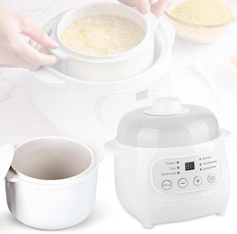 Mini Olla de Cocción Lenta Blanca de 1 L con Cesta de Vapor, Temporizador de 24 Horas y Función Automática de Mantener Caliente, Olla de Cocción Lenta Eléctrica de Cerámica Inteligente de 200 W, Aparato de Cocina