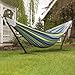 Vivere Double Cotton Hammock with Space Saving Steel Stand, Upgraded Polyester End Strings 450 lb Capacity - Premium Carry Bag Included - USA Grown Cotton (Oasis)