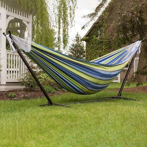 Image of Vivere Double Cotton Hammock with Space Saving Steel Stand, Upgraded Polyester End Strings 450 lb Capacity - Premium Carry Bag Included (Oasis)