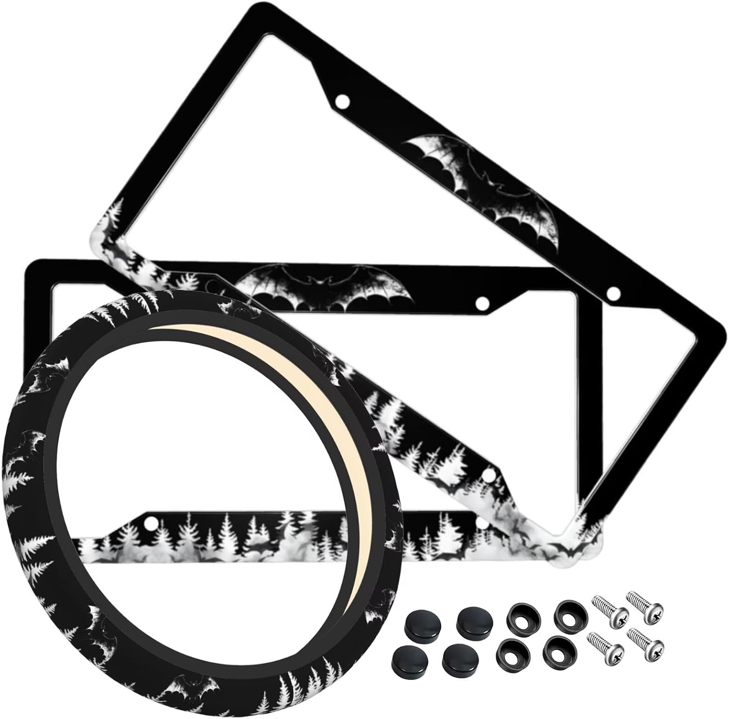 Cute Bat Goth License Plate Frames, Stainless Steel Cute License Plate Holders Covers with Gothic Wing Mirror Cover Screws Fasteners Caps for Women Man