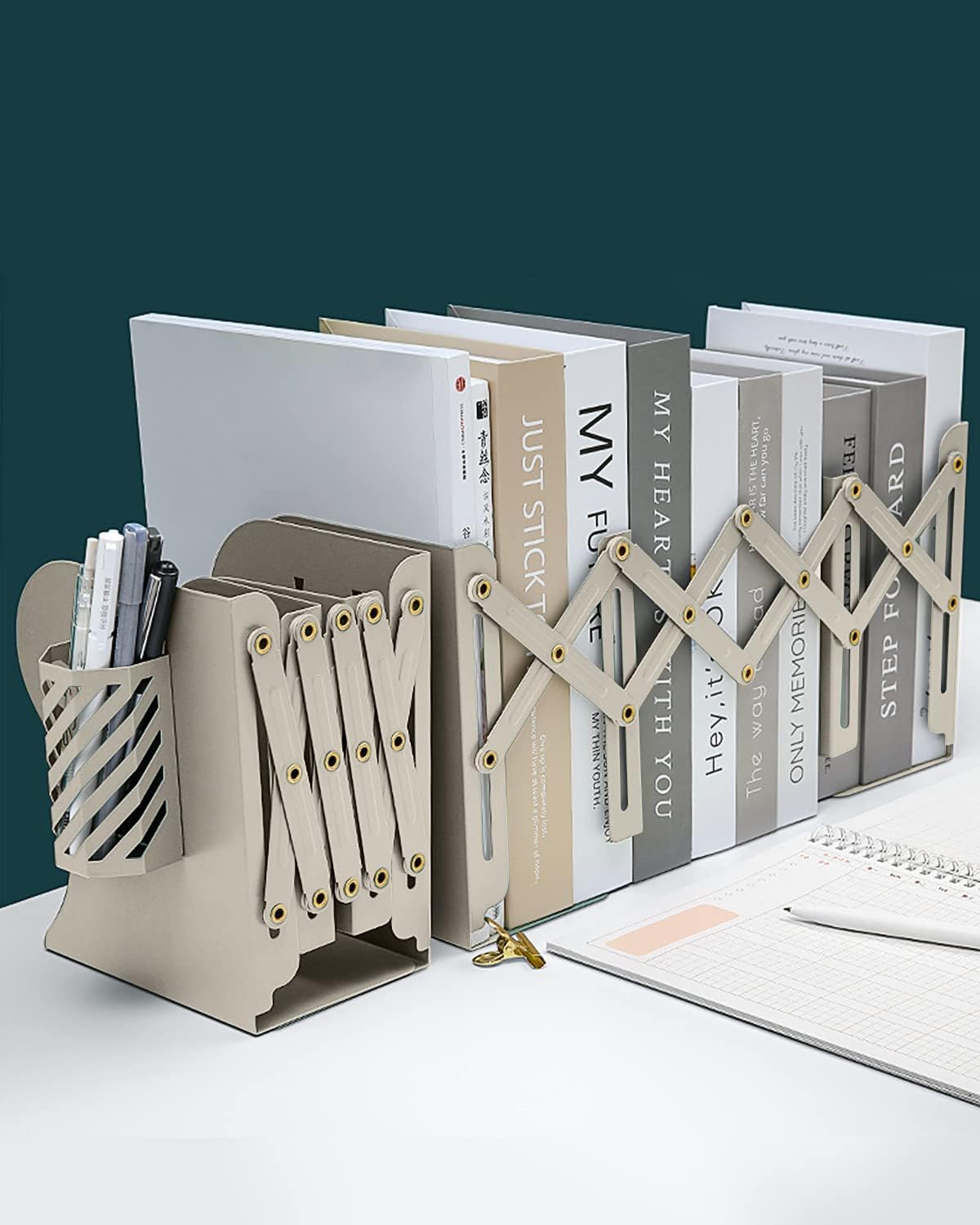 Expandable Metal Bookends, MSDADA Adjustable Book Ends Heavy Duty Book Holder with Detachable Pen Container - Image 4