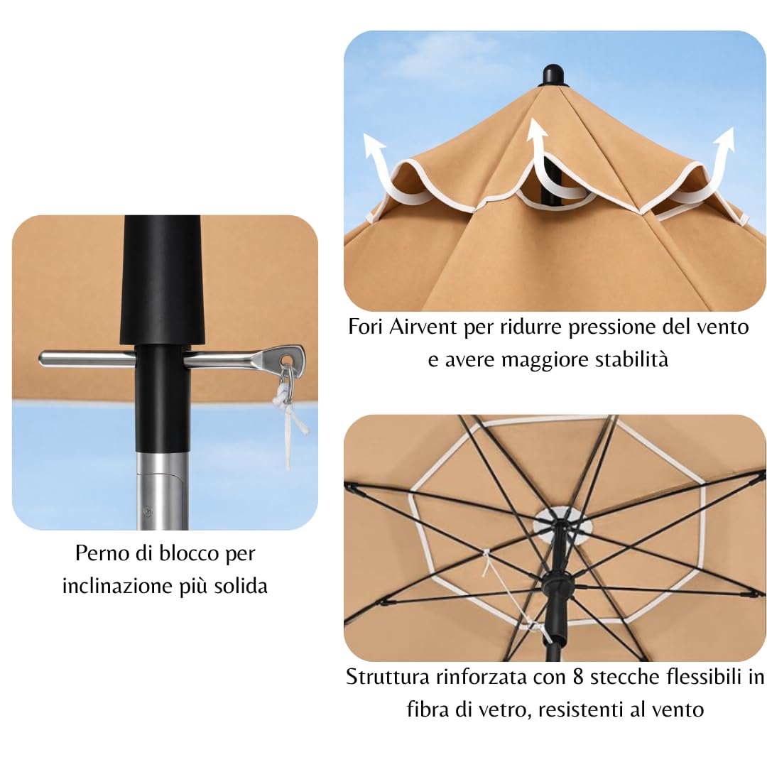 Positano Ombrellone da Giardino, Ombrellone da Balcone con Protezione UPF 50+, 240cm, Inclinabile, Portatile e Antivento, Stecche in Fibra di Vetro, Borsa da Trasporto