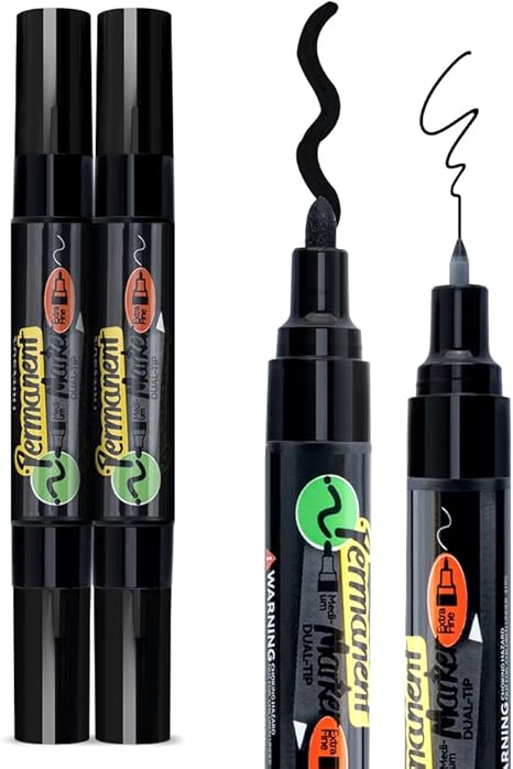TRANSON 2 Black Bold Tip and Extra Fine Tip Paint Markers Waterproof Oil Paint pen