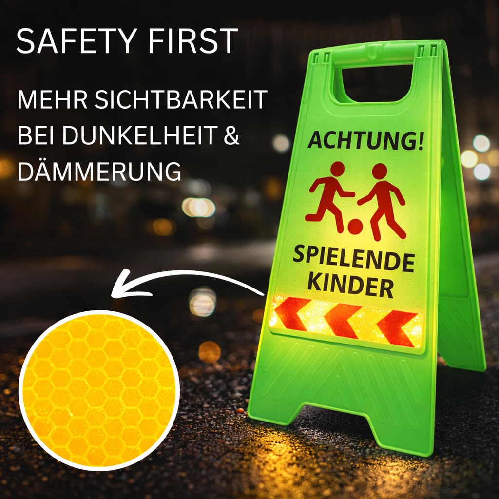 Friendly Fox 2 Stück Warnschilder Achtung spielende Kinder, 60 x 30 cm | Sicherheitsschild, Vorsicht Kinder Schild, klappbarer Aufsteller mit Reflektorstreifen