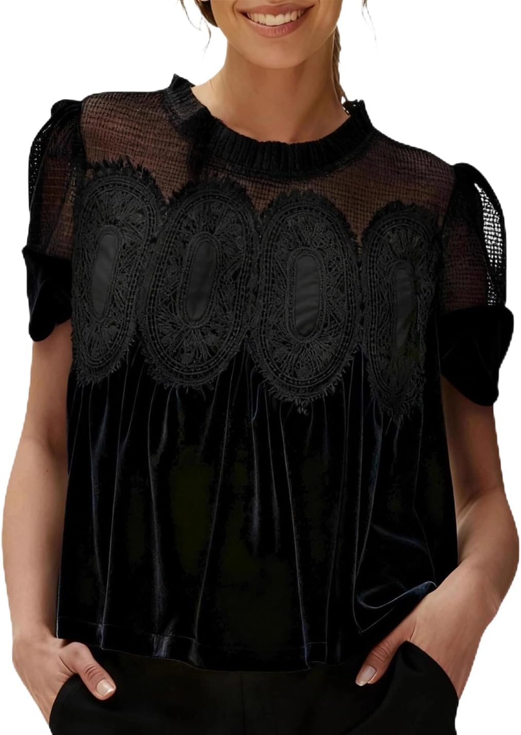 hathne Velvet Lace Blouse for Women Elegant Casual Crew Neck Short Sleeve Top Loose Fit Flared Swing Shirt