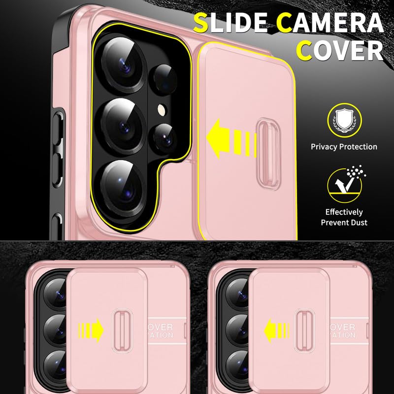 Image of LuxuryKase Shockproof Rugged Case for Samsung Galaxy S26 Ultra | Slide Camera Cover | 360 Rotating Ring Kickstand | Military-Grade Protection - Rose Pink