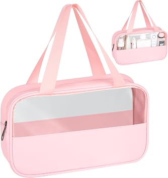MOXYOY Clear Travel Toiletry Bag,Portable Makeup Bag Cosmetic Wash Bags,with Zippers Travel Essentials,PVC+PU Hanging Transparent Waterproof Bag,Vacation Bathroom Organizer,for Women and Men Pink