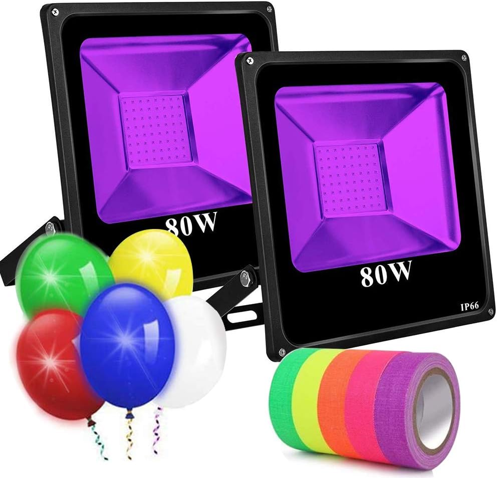 Black Lights for Parties 2 Pack, 80W Led Flood Light Blacklight Ultraviolet Lamp, for Fluorescent Neon Glow in The Dark, Halloween Christmas Decorations, DJ Disco Stage Night Club, Body Paint
