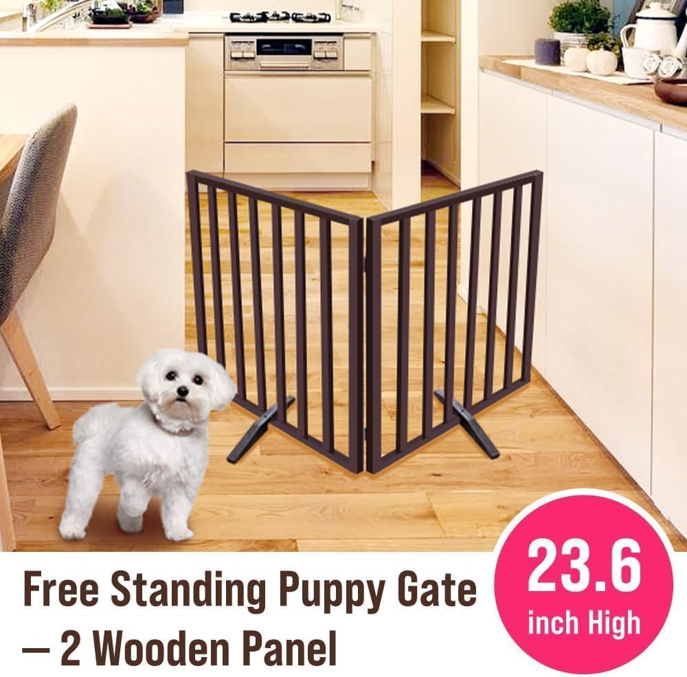 Dog Gate 2 Panels - Foldable Indoor Fence Freestanding with Support Feet, 24 in Tall 35.4" Wide, Suitable for Small Pets, Cats, Rabbits, Puppy, Wood Brown