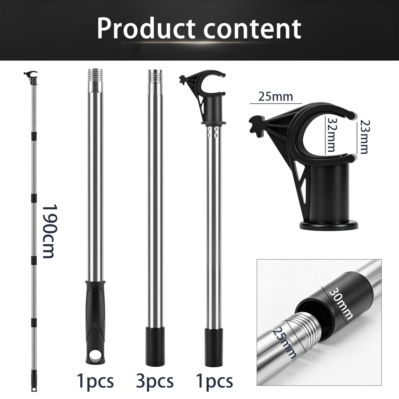 Asta telescopica per lucernario 1.9m, Acciaio Inox con Gancio Universale, per lucernari Velux GGL/GGU e tapparelle, Bastone telescopico per finestra da tetto