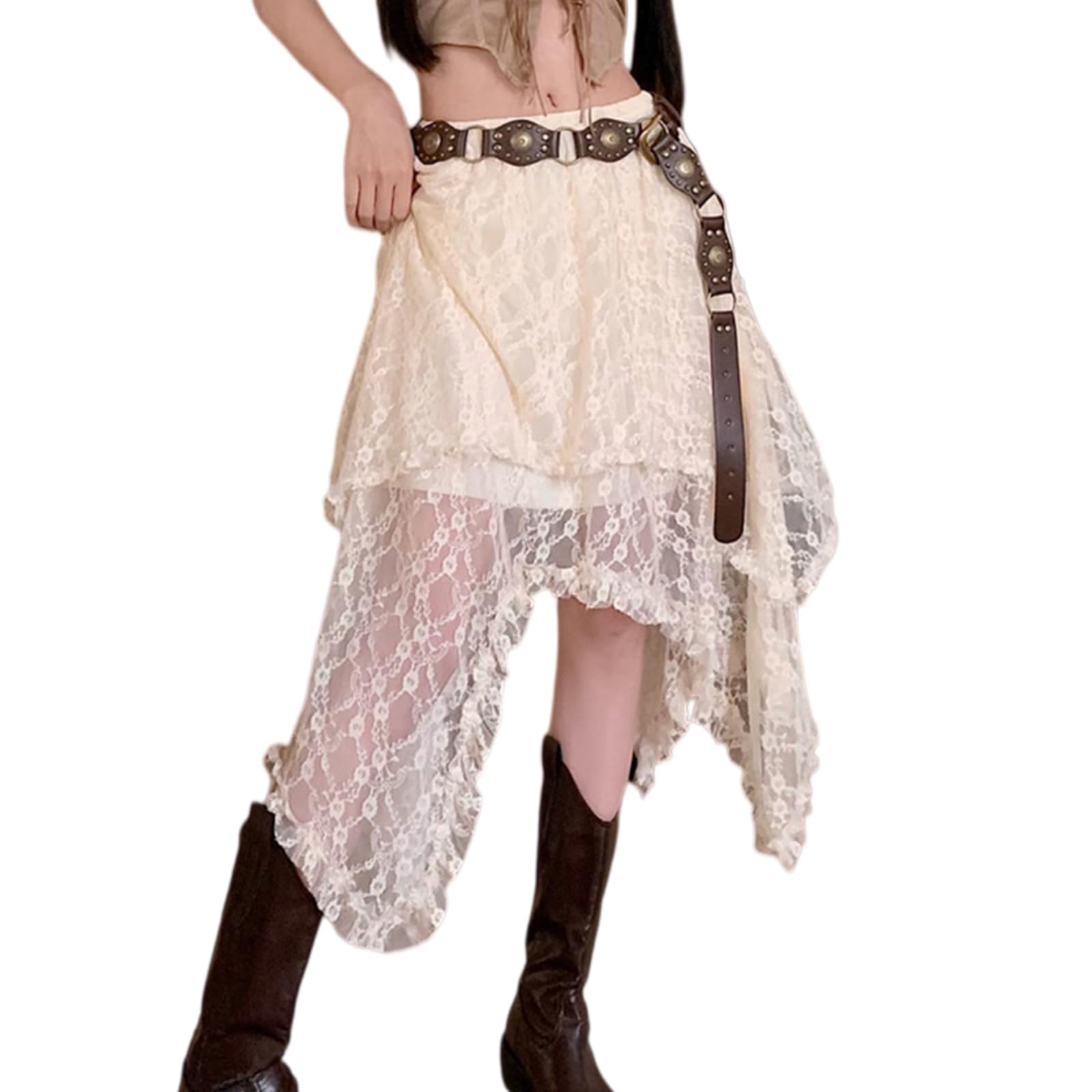 Abito Donna Pizzo Asimmetrica Midi Gonna Fairycore Boho Alta Vita Ruffle, Gonna-Beige-Waist Size 25 20" Skirt Length 31 50"
