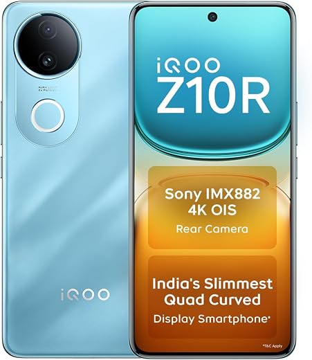 iQOO Z10R 5G (Aquamarine, 8GB RAM, 256GB Storage) | 32MP 4K Selfie Camera | Quad-Curved AMOLED Display | Dimensity 7400 Pr...
