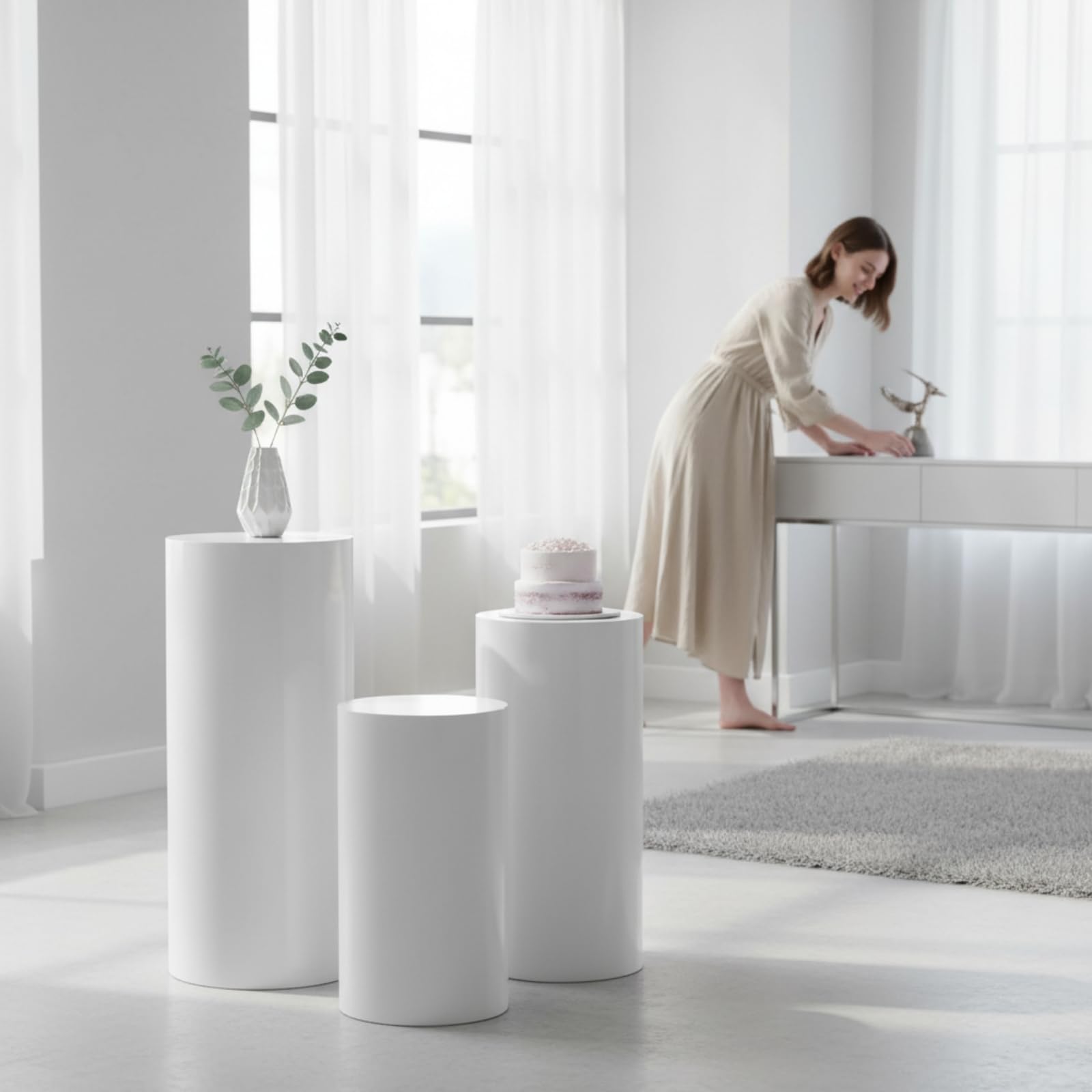 3 Pezzi Espositore Cilindrico Moderno | Bianco, Piedistalli Cilindrici Bianchi, Impilabile, per Vetrine