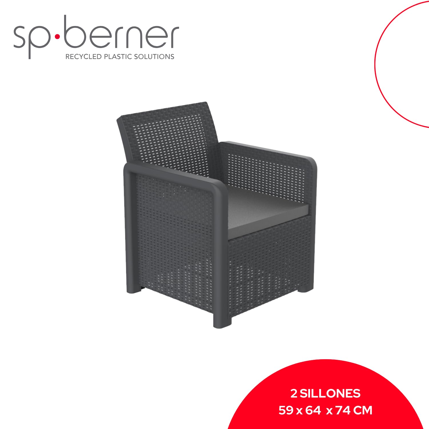 SP Berner SHAF - Conjunto Jardín Exterior y Terraza - 2 Sillones con Cojines Acolchados y Baúl de Almacenamiento Integrado en la Mesa Central - Plástico Reciclado - Set Nassau Tête-à-Tête - Grafito